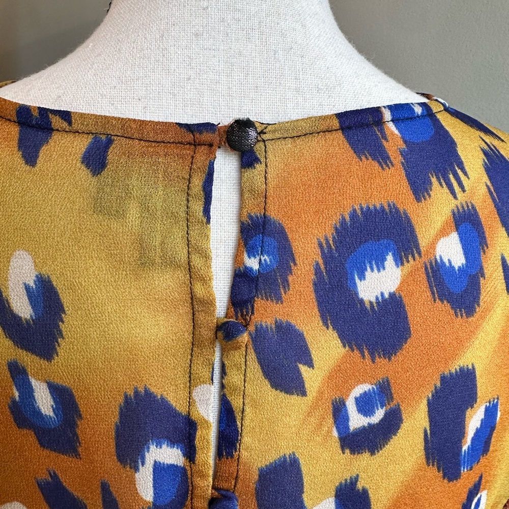 Anthropologie Blank London Eclectic Leopard Peasant Blouse Blue Orange Medium - Picture 9 of 12